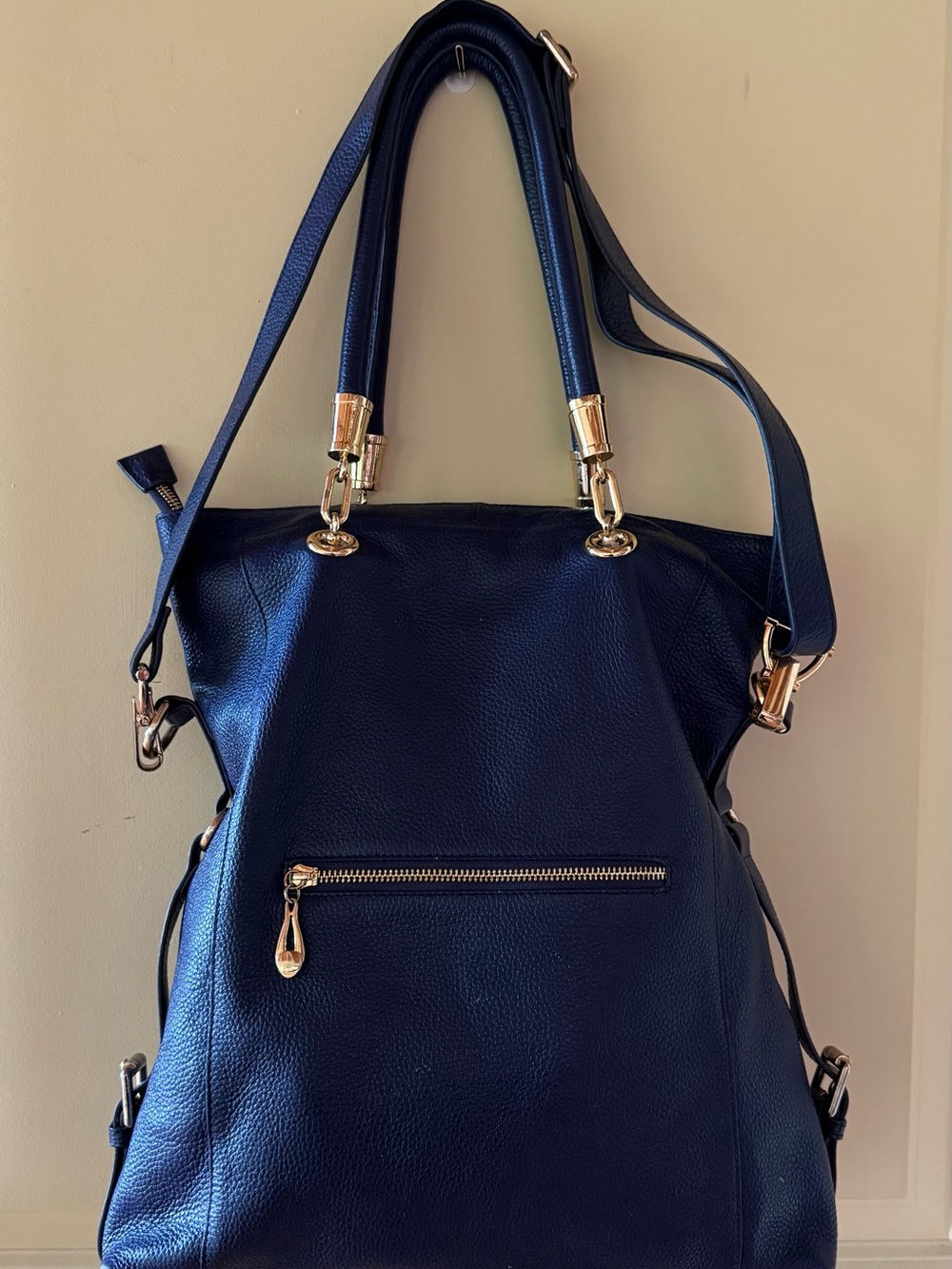 Navy Pebbled Leather Shoulder Bag with Gold Hardware